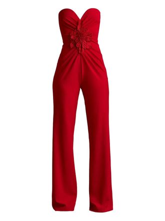 Tadashi Shoji flower-embellished strapless jumpsuit - women - Spandex/Elastane/Polyester - S - Red