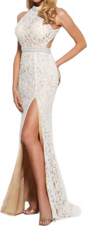 Mac Duggal Beaded Lace Gown With High Side Slit In Ivory/nude