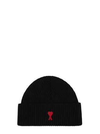 Ami Black Ami de Coeur Ribbed Wool Beanie