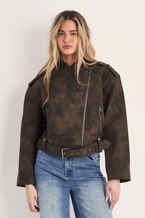 NASTY GAL Cropped Biker Jacket in Olive at Nordstrom, Size 10