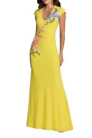Mac Duggal Cap Sleeve Scoop Neck Jersey Floral Detail Gown in Yellow Multi at Nordstrom, Size 10