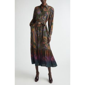 Etro Paisley Print Long Sleeve Shirtdress in Green at Nordstrom, Size 38