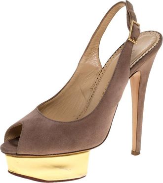 Charlotte Olympia Beige Suede Slingback Peep Toe Platform Sandals