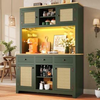 Merax Green Kitchen Dresser with Wine Glass Holder, Coffee Bar Worktop