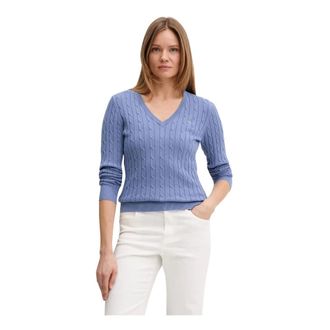 GANT Stretch Cotton Cable Knit V-Neck Sweater - Dames - Truien - Blauw - Maat: 2XS Katoen