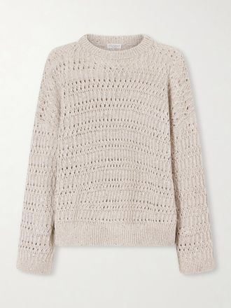 Brunello Cucinelli Pullover In Misto Lino Punto A Giorno Con Paillettes - Neutri