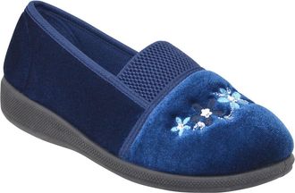 Jo & Joe Ladies Wide E Fit Elastic Gusset Slippers Floral Embroidery & Soft Velour Easy Slip-On Comfort Navy 7