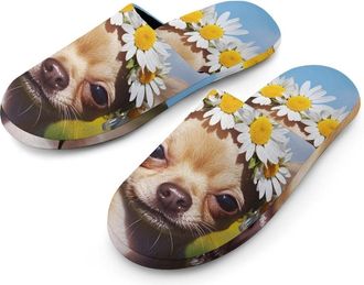 Generic Cute Flower Chihuahua Dog Mens Slippers Flannel Warm House Shoes with Rubber Anti-Slip Sole Slip On for Home Outdoor