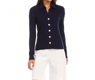 Karen Kane Ribbed Long Sleeve Button Front Top In Navy