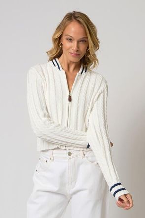 Central Park West Coen Cable Zip Up Bomber in White/navy at Nordstrom, Size X-Small