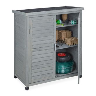 Relaxdays Armario Exterior 3 Baldas, Cobertizo Techo Inclinado, 2 Puertas, Herramientas, Madera, 97x86,5x47cm, Gris - Relaxdays