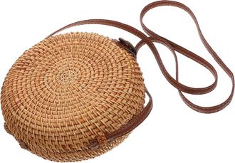 Yardwe Beige Round Woven Straw Shoulder Bag Handwoven Rattan Handbag with Leather Buckle for Women Beach Picnic Outdoor Use