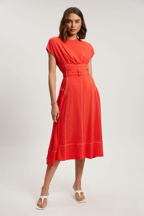 Karen Millen Womens Contrast Topstitch Belted Midi Dress - Orange Viscose - Size 14 UK