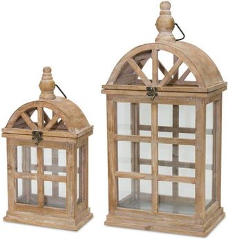 Melrose International Natural Wooden Lantern with Curved Top (Set of 2) - Brown, White, Silver