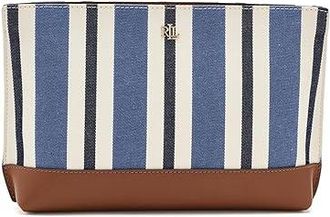 Lauren Ralph Lauren Striped Canvas Leather Large Pouch Satchel Womens Handbags Carson Blue Strpe/Lauren Tan, Full Grain leather