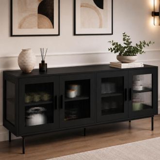 IDMarket Zineb Aparador 140 Cm, 4 Puertas De Cristal, Frente Estriado Negro