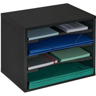 Relaxdays Relaxdays Document Tray, 4 Compartments, Desk Organiser H x W x D 28 x 35.5 x 25 cm, Black
