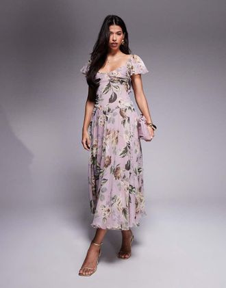 Asos Vestito midi lilla con gonna a ruota, stampa a fiori vintage e vita scesa-Multicolore