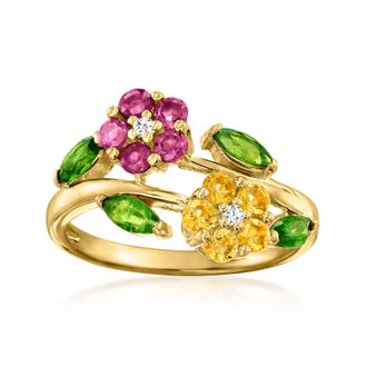 Ross-Simons Multi-Gemstone Flower Bypass Ring With White Topaz in 18kt Gold Over Sterling