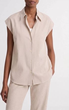 Vince Ticking Stripe Cap Sleeve Blouse In Taupe Wood