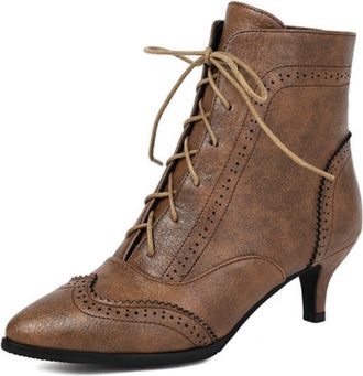 Generic Womens Brogue Low Heel Ankle Boots with Front Laces - Pointed Toe for Office and Casual Outfits,Light Brown,1.5 UK