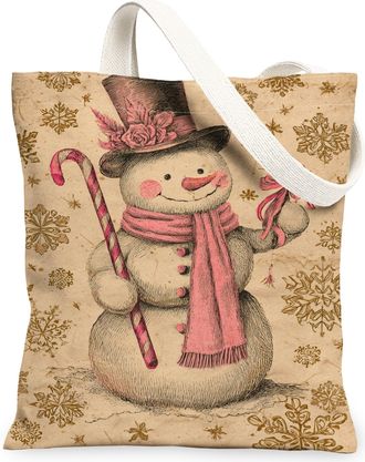 Generic Snow Man Canvas Tote Bag, Vintage Holiday Snowflake Pattern Reusable Shopping Bag, Lightweight Washable Shoulder Strap Canv, Beige, 13x15 Inch