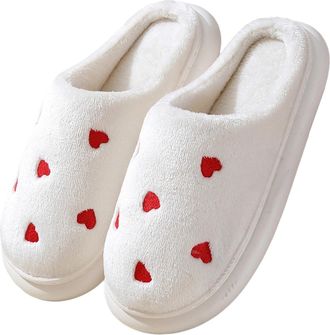 Generic Womens Slippers Cozy Valentines Day Couple Footwear Warm Shoes With Heart Design Indoor Outdoor Comfortable Flat Sole Cozy House Slippers For Women(Wh