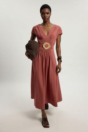 Karen Millen Womens Petite Shirred V Neck Belt Detail Woven Maxi Dress - Rust Cotton - Size 14 UK