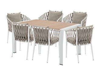 Vente-Unique Comedor de jard&iacute;n de aluminio y cuerda trenzada: una mesa L.150 cm y 6 sillones - Natural claro y blanco - MISSO de MYLIA