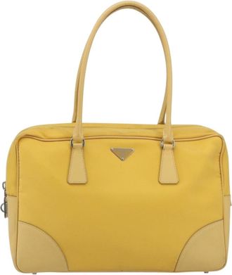 Prada Bauletto Tessuto With Saffiano Leather Yellow Canvas Handbag (Pre-Owned)