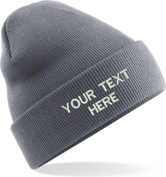 Generic Personalised Embroidered Your Text Beanie, Knitted Cap Your Name Hat Unisex Gift (Graphite Grey)