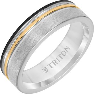 Triton 7MM Tungsten Carbide Ring with Black, Yellow and Grey Tungsten Center Groove with Crystaline Finish in Metallic Silver at Nordstrom, Size 10.5