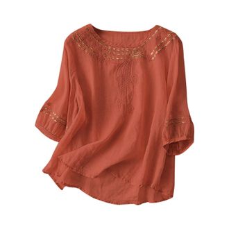 Generic Linen Tops for Women UK Three Quarter Sleeves Ladies Blouses Elegant Broderie Anglaise Boho Shirts Cotton Tunic Tops Floaty Long T Shirts Cheesecloth 