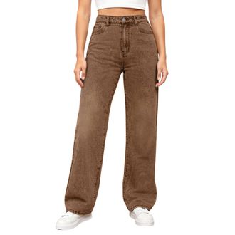 Generic Wide Leg Jeans for Women UK, Elasticated High Waist Flare Denim Trousers Baggy Stretch Straight-Leg Jean Pants Loose fit Jogging Pant with Pockets,Bro