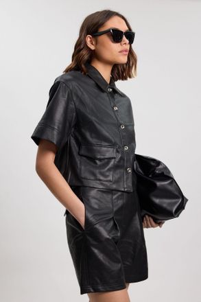 Karen Millen Womens Faux Leather Boxy Cropped Shirt - Black - Size 14 UK