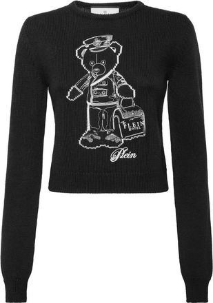 Philipp Plein Truien & Vesten, Dames, Zwart, M, Wol, Cropped Ronde Hals Pullover Teddy