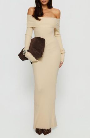 Princess Polly Phylis Off the Shoulder Long Sleeve Rib Maxi Dress in Cream at Nordstrom, Size 12