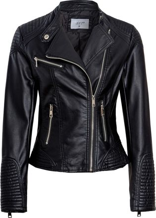 SS7 Womens PU Biker Jacket Faux Leather Quilted Black