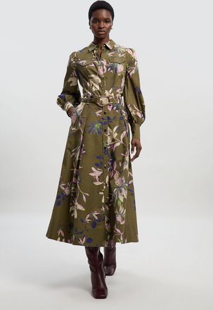 Karen Millen Womens Floral Print Cotton Sateen Woven Belt Detail Midi Skirt - Khaki - Size 10 UK