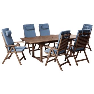 Beliani Conjunto De Comedor Exterior De Madera De Acacia R&uacute;stico 6 Plazas Mesa Extensible Sillas Reclinables Con Cojines Azules Amantea Premium