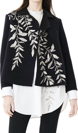 Oscar De La Renta Beaded Embroidery Open Front Wool Blazer In Black