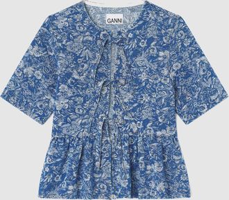 Ganni Top Tapestry Denim Peplum Mid Blue Stone