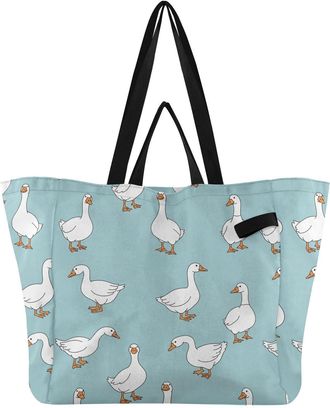 Generic Duck Bird Blue pattern Reusable Canvas Tote Bag, Heavy Duty Grocery Shopping Bag with Large Capacity Hard Bottom Double Handles Work Groceries Travel
