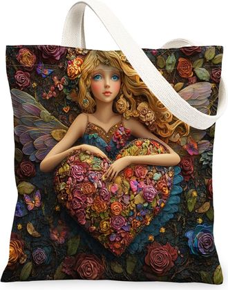 Generic Romantic Valentines Day Gnome Canvas Tote Bag for Shopping 13x15, Garden Aesthetic Love Heart Reusable Grocery Print Bag for Women, Holiday Beach Aest