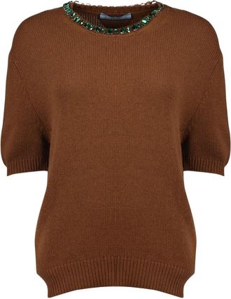 Prada Rondgebreide kleding - Dames - Ronde hals truien - Bruin - S - Wol - Truien & Vesten