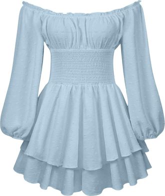 Generic Womens Pirate Costume - Womens Off Shoulder Mini Dress with Integrated Shorts Underneath Long Sleeve Ruffle A Line Pirate Costume Dresses 2 in 1 Short