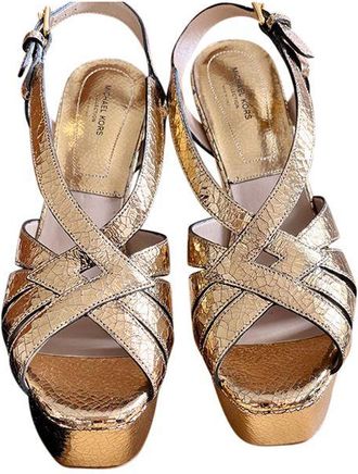 Michael Kors Gold cracleque leather Candace platform heeled sandals Size 37.5