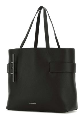 Alexander McQueen Womens Black Leather T-Bar Shopping Bag Blacksilver Borse A Mano