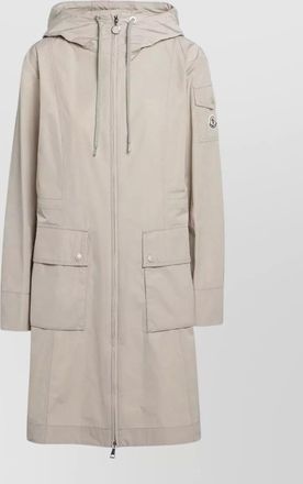 Moncler long hooded coat adjustable waist pockets