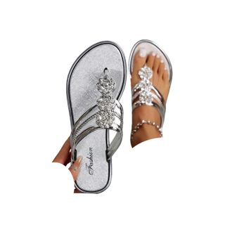 Generic Womens Sparkly Flip Flops Summer Trendy Sparkly Sandals Bling Cute T Strap Dress Sandal for Women 2026 Elegant Casual Silver Beach Bling Floral Patter